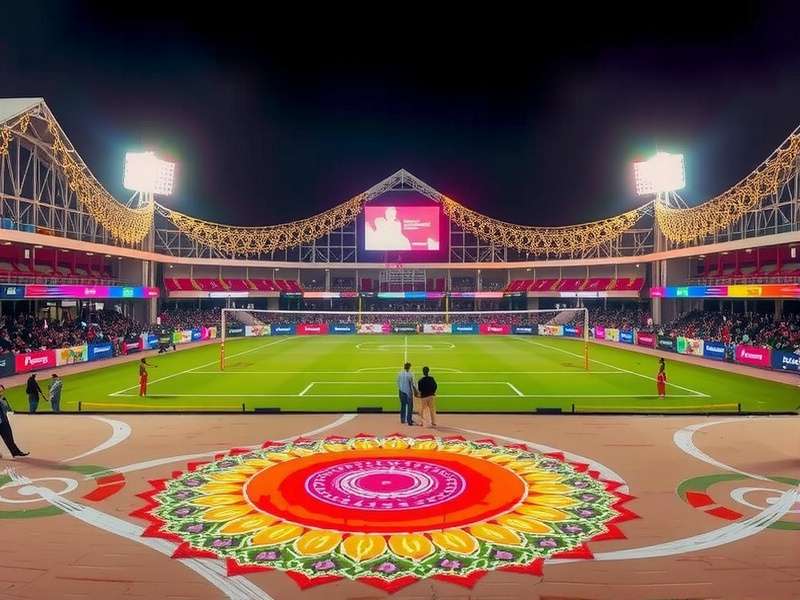Mahal Volley Flash Diwali event showing a stadium decorated with lights and rangoli