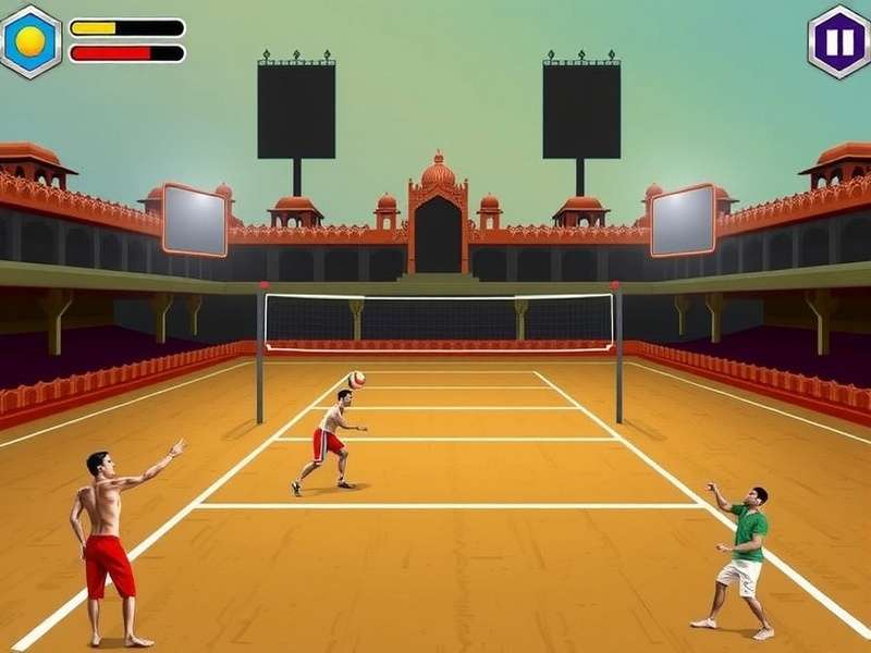 Mahal Volley Flash gameplay screenshot showing a volleyball match in a traditional Indian stadium