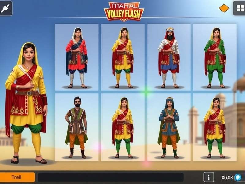 Mahal Volley Flash character customization screen showing various traditional Indian outfits